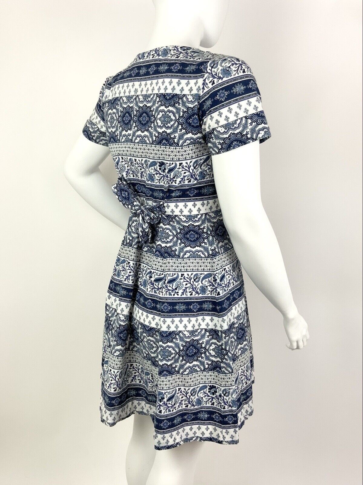 VINTAGE 60s 70s WHITE NAVY BLUE STRIPED FLORAL FOLK MOD SHORT DRESS 16
