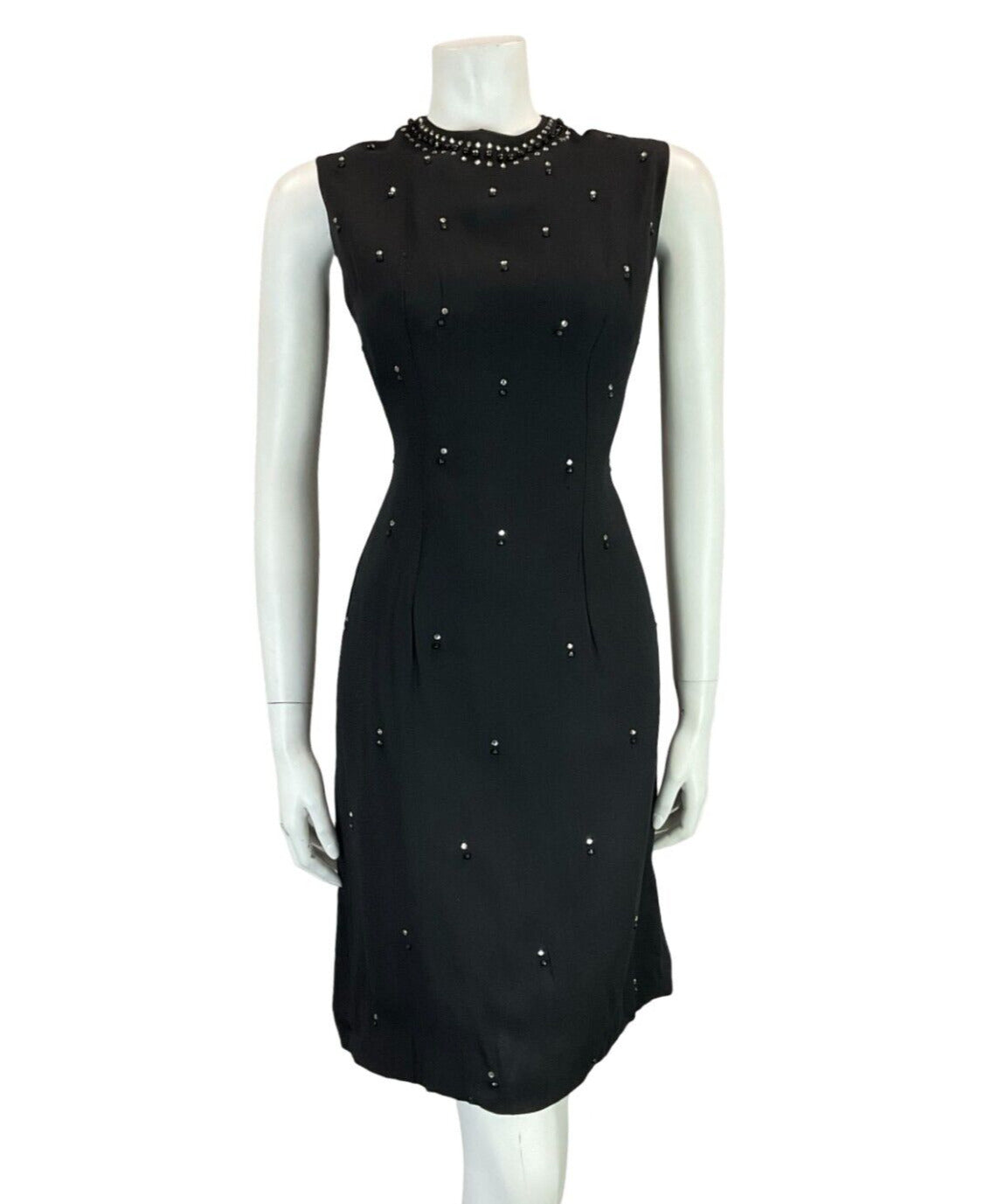 VTG 60S MOD BLACK DIAMANTE SLEEVELESS BEADED BLACK PARTY EVENING DRESS 12