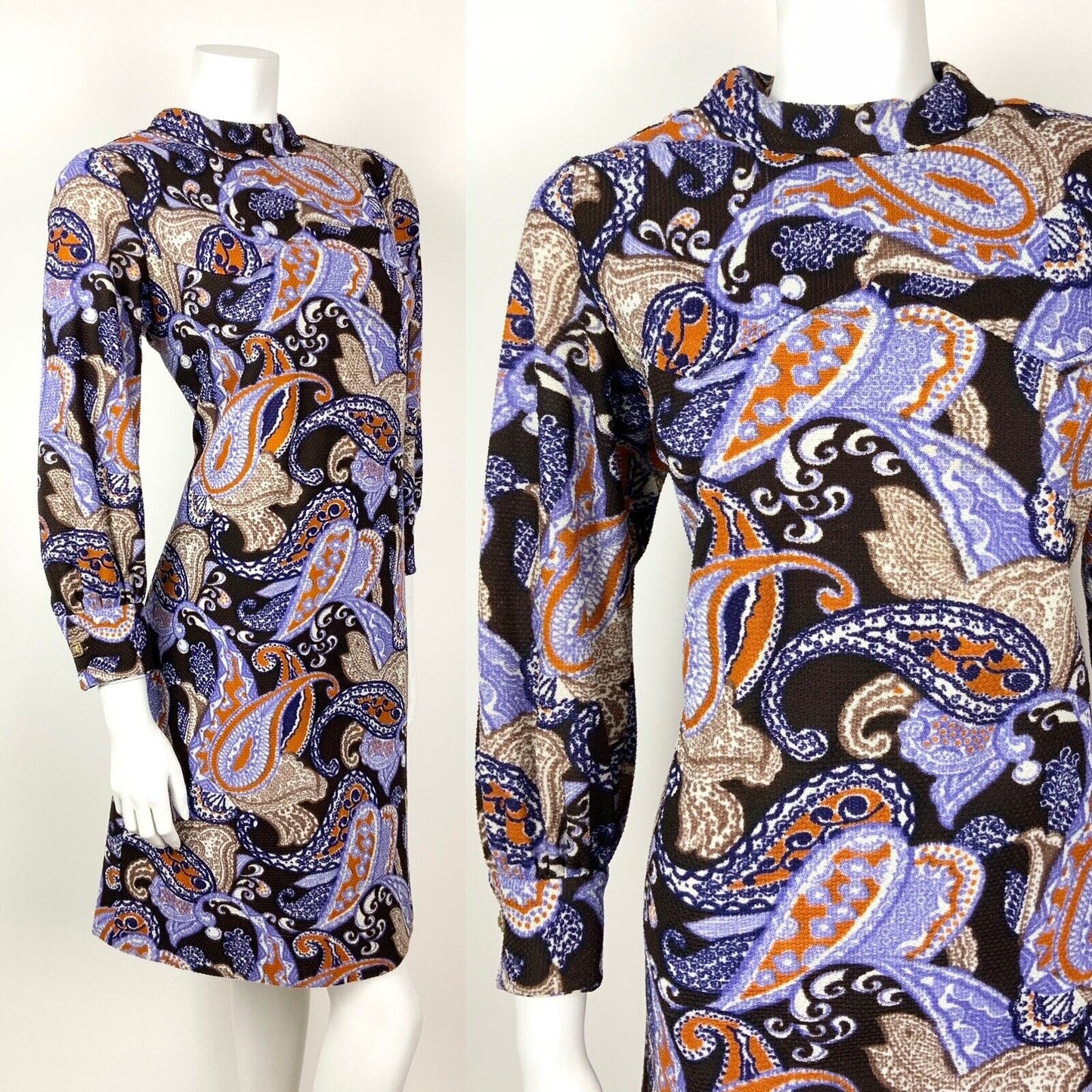 VTG 60s 70s BROWN PURPLE BLUE ORANGE PAISLEY PSYCHEDELIC MOD SHIFT DRESS 14 16