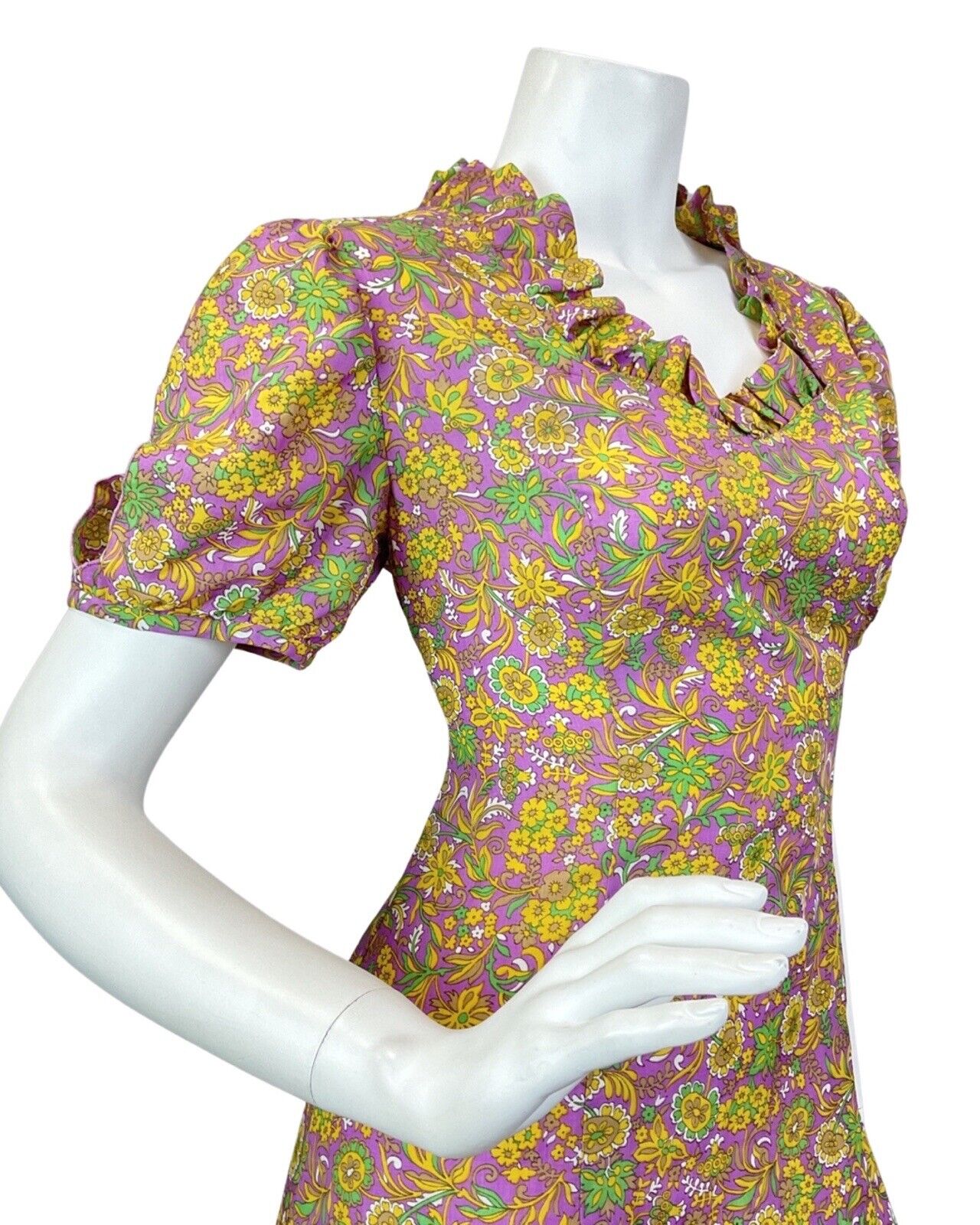 VINTAGE 60s 70s PURPLE YELLOW GREEN PSYCHEDELIC FLORAL MOD MAXI DRESS 10 12