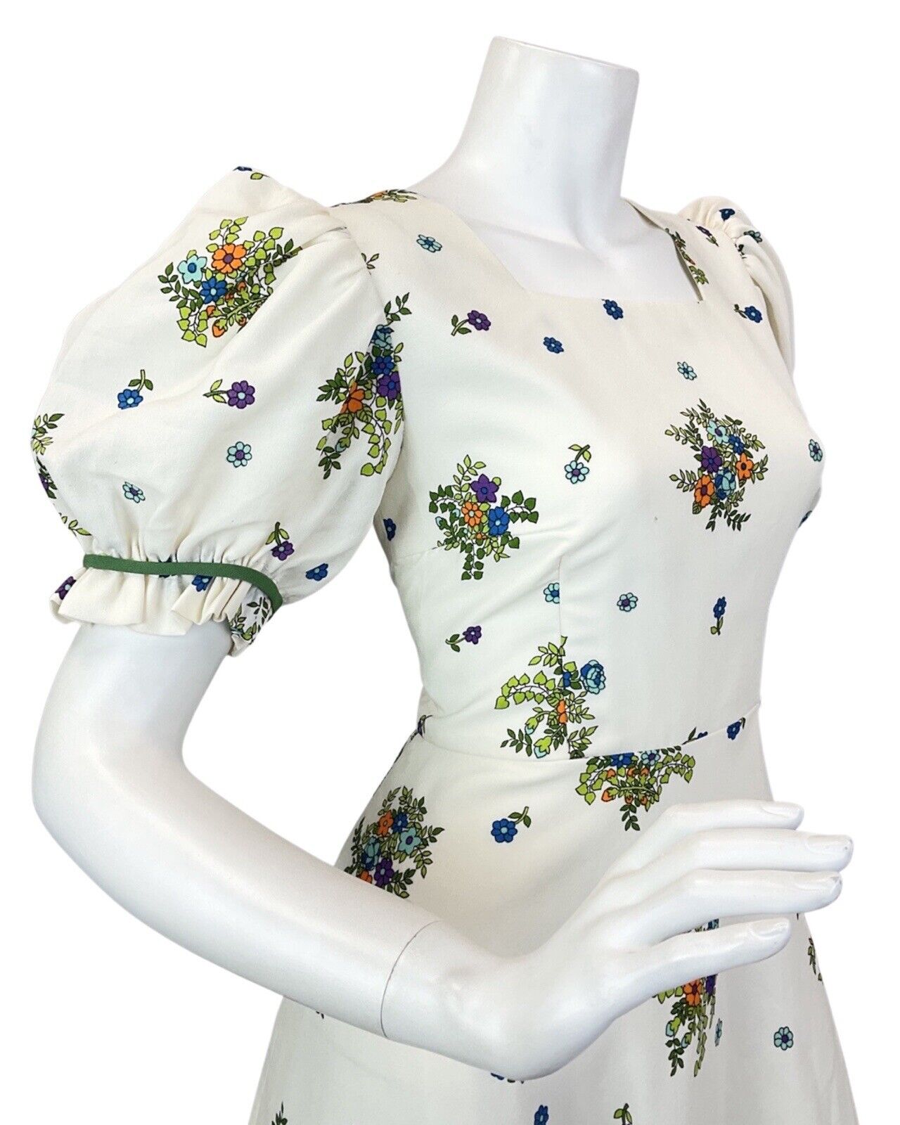 VINTAGE 60s 70s CREAM BLUE GREEN FLORAL BOUQUET PUFF SLEEVE BOHO MAXI DRESS 8 10