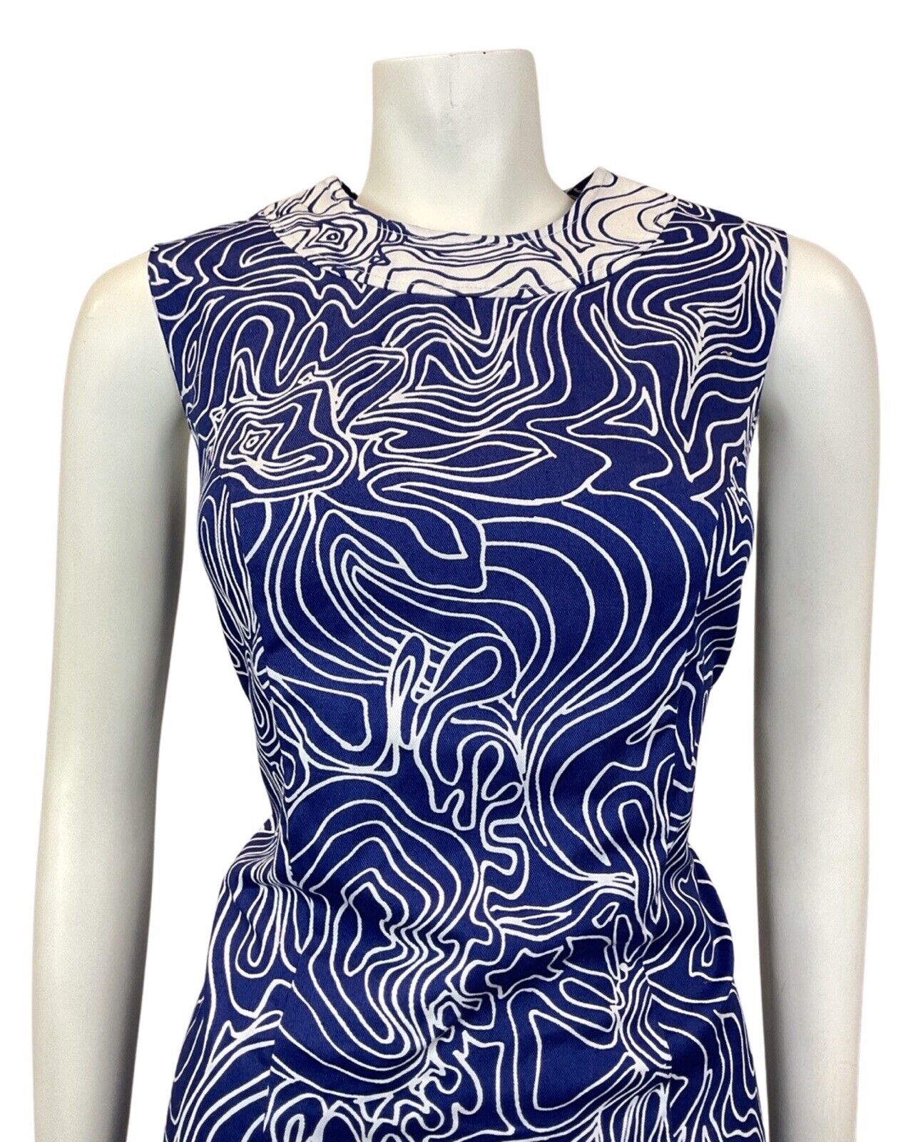 VINTAGE 60s 70s NAVY BLUE WHITE SWIRL PSYCHEDELIC SLEEVELESS MIDI DRESS 10 12