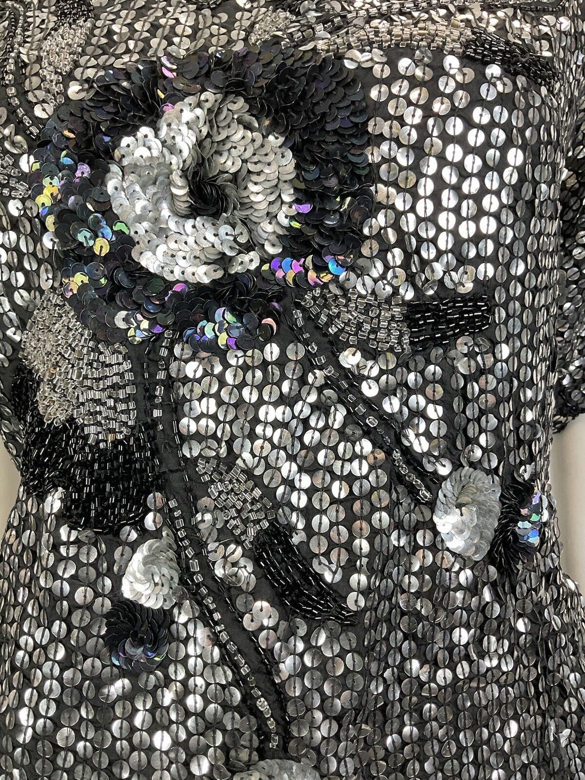 VINTAGE 70s 80s SILVER BLACK SEQUIN BEADED FLORAL DISCO GLAM PARTY TOP 14 16