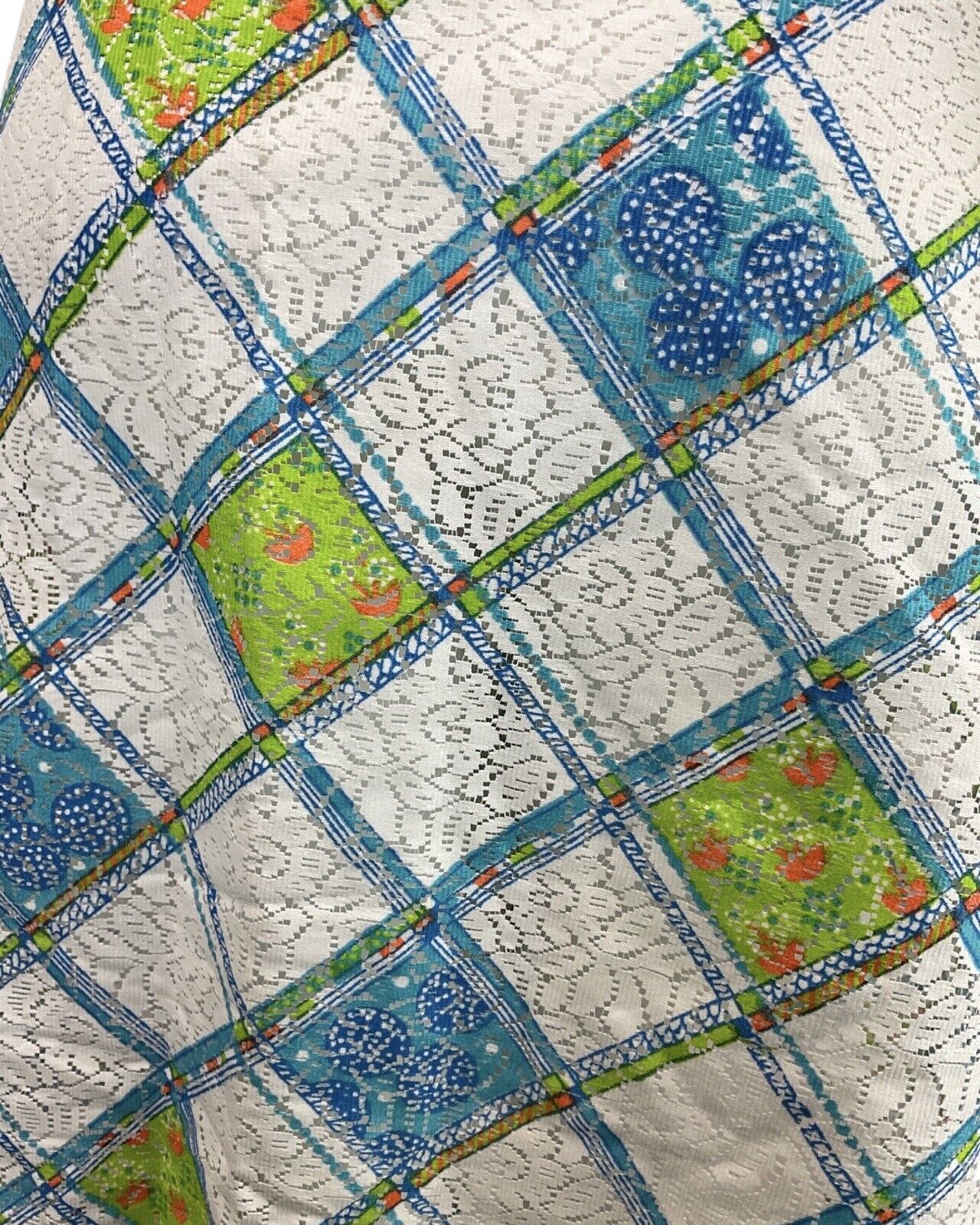 VINTAGE 60s 70s WHITE BLUE GREEN CHECKED FLORAL PELUM LACE DRESS 16