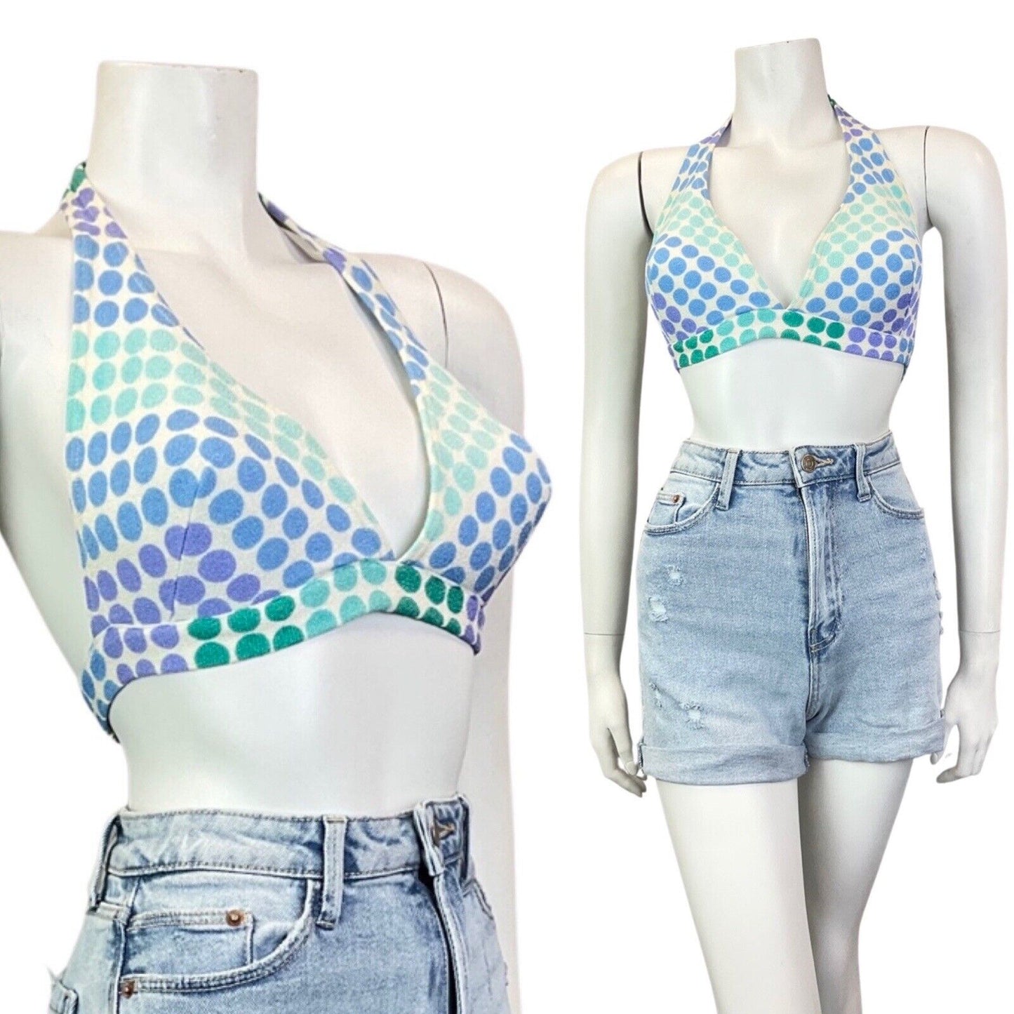 VINTAGE 60s 70s BLUE PURPLE WHITE SPOTTED DOTTY BIKINI BRALETTE TOP 6