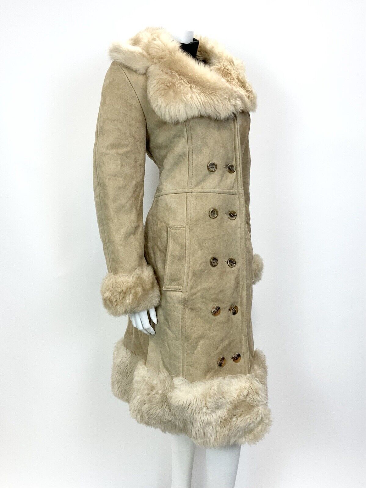 VINTAGE 60s 70s SAND BEIGE DOUBLE-BREASTED BOHO MOD SHEARLING PRINCESS COAT 14