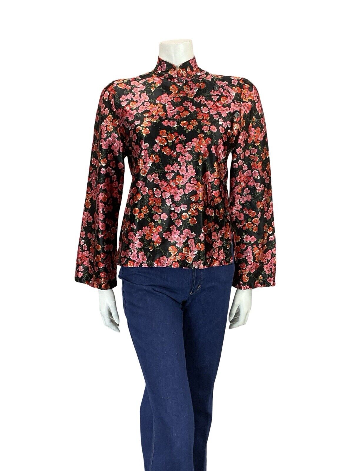 VTG 70S BLACK RED PINK FLORAL CHERRY BLOSSOM MANDARIN CHEONSAM TOP BLOUSE 8 10 S