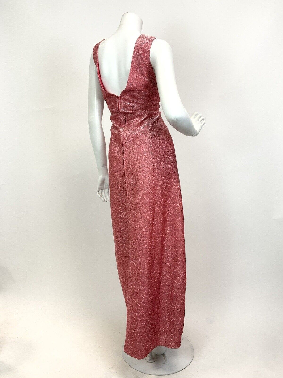 VTG 60s 70s CORAL RED SILVER METALLIC LUREX DISCO GLAM STUDIO 54 MAXI DRESS 10