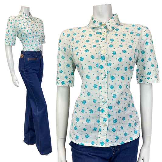 VINTAGE 60s 70s WHITE BLUE POLKA DOT CLOVER MOD SHORT SLEEVE SHIRT 12 14