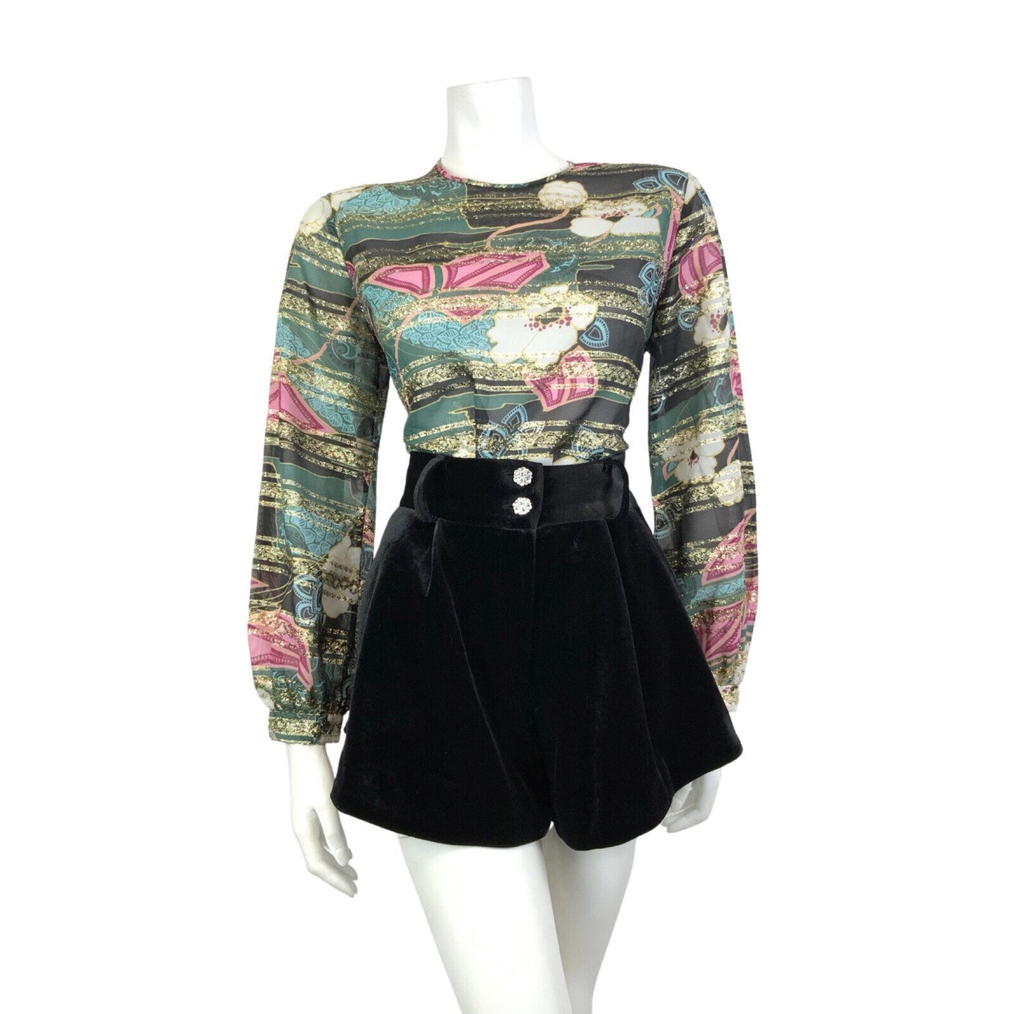 VINTAGE 60s 70s GREEN BLACK PINK GOLD PSYCHEDELIC FLORAL STRIPED SHEER TOP 12 14