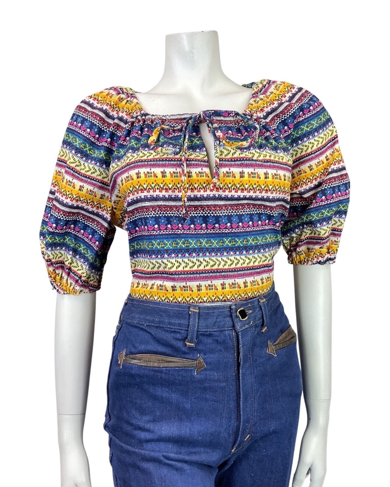 VTG 70s BLUE YELLOW PINK STRIPED DAISY GEOMETRIC PUFF SLEEVE BOHO BLOUSE 12 14