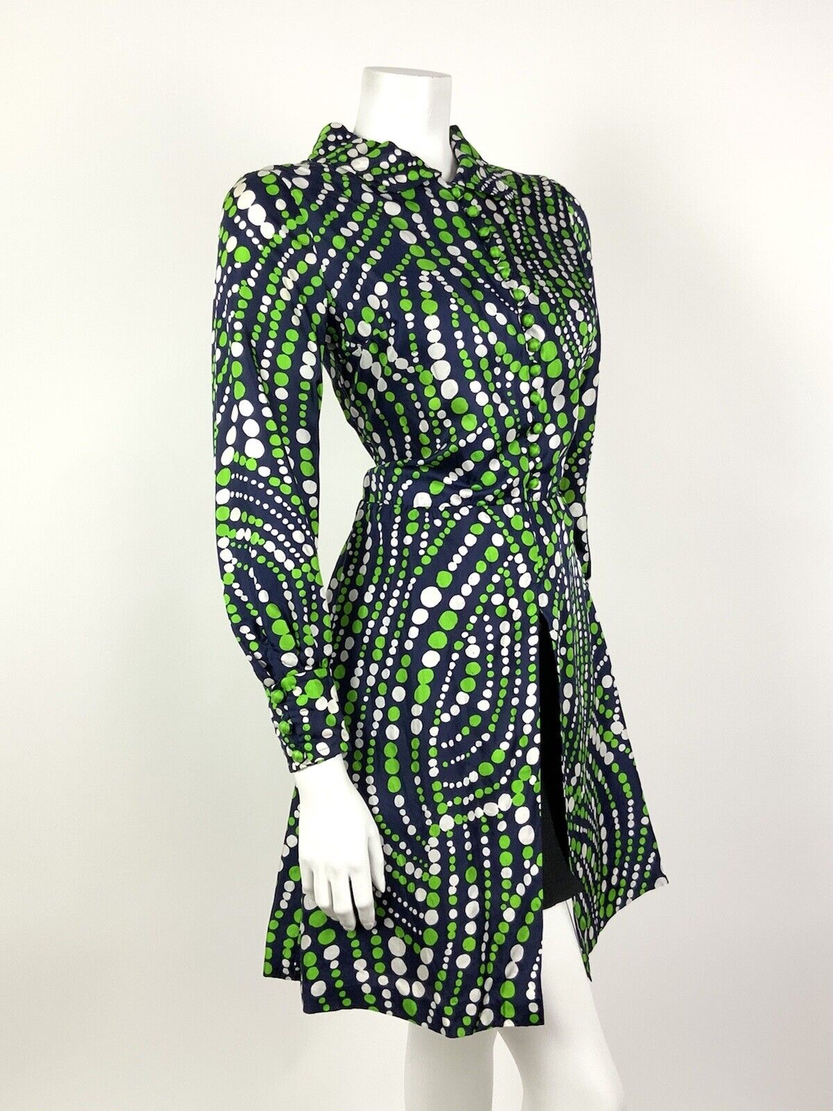 VINTAGE 60s 70s NAVY BLUE GREEN WHITE DOTTY WAVY MOD SPLIT SHIRT DRESS 10