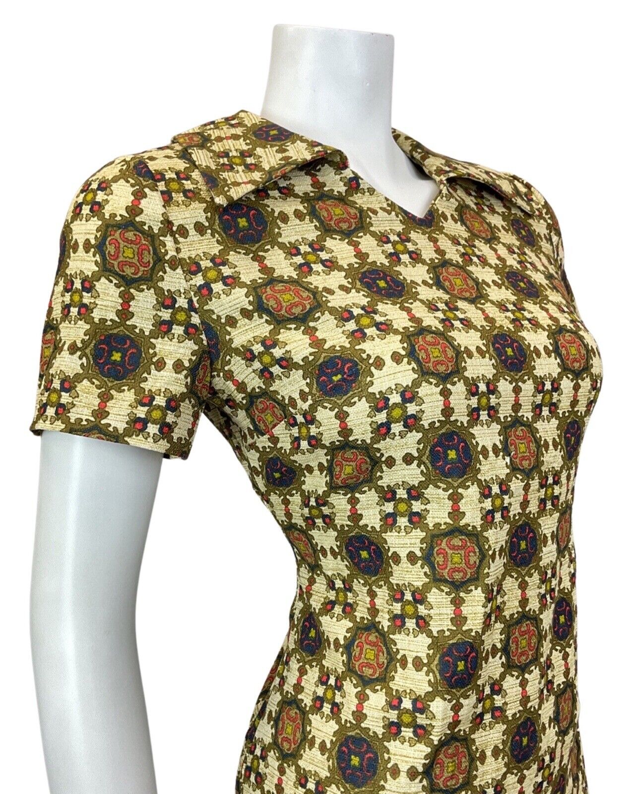 VINTAGE 60s 70s CREAM GOLD BLUE ORNATE CHECKED MOD SHORT SHIRT DRESS 10 12