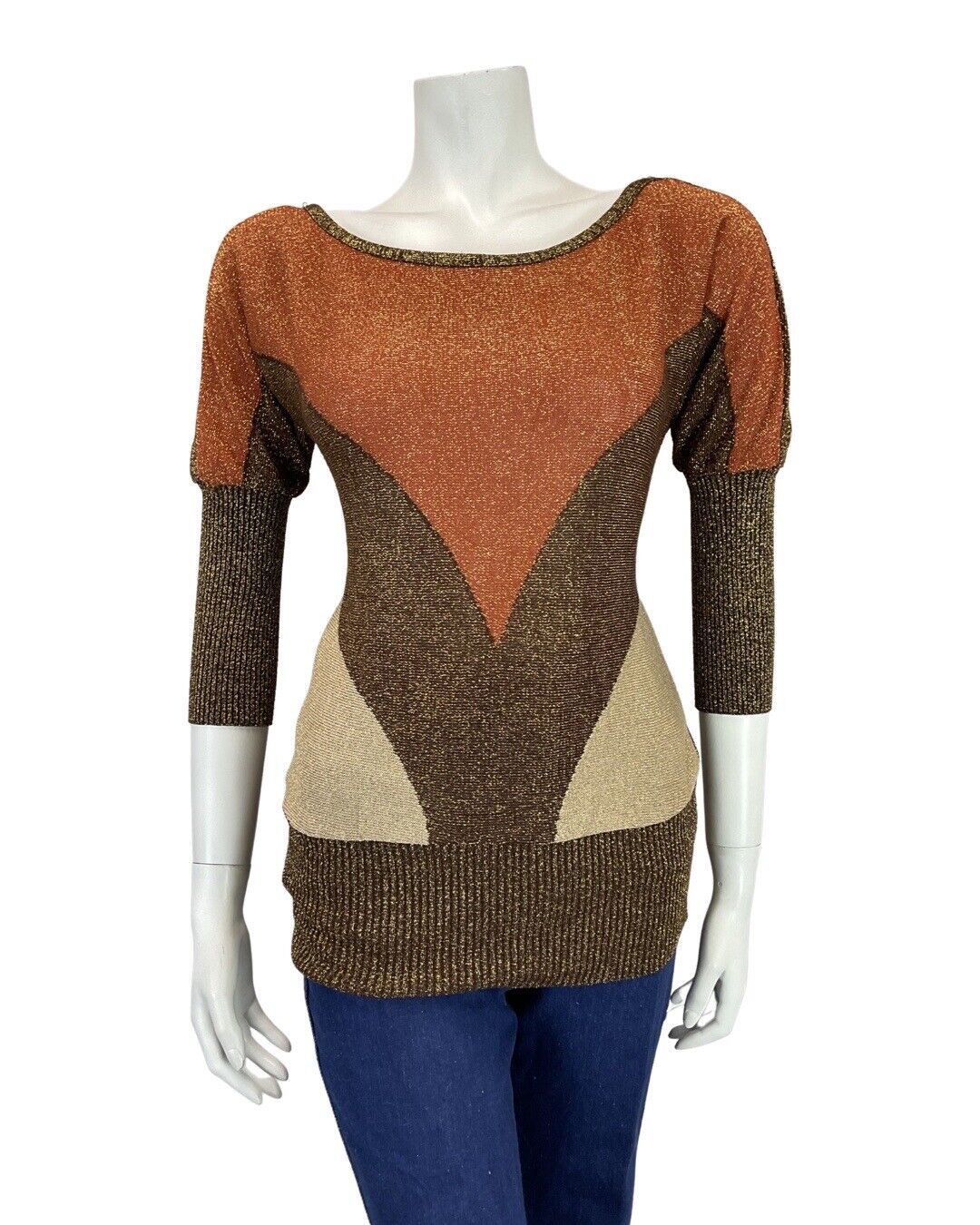 VINTAGE 60s 70s BROWN ORANGE CREAM BATWING GLITTER LUREX KNIT TOP 10