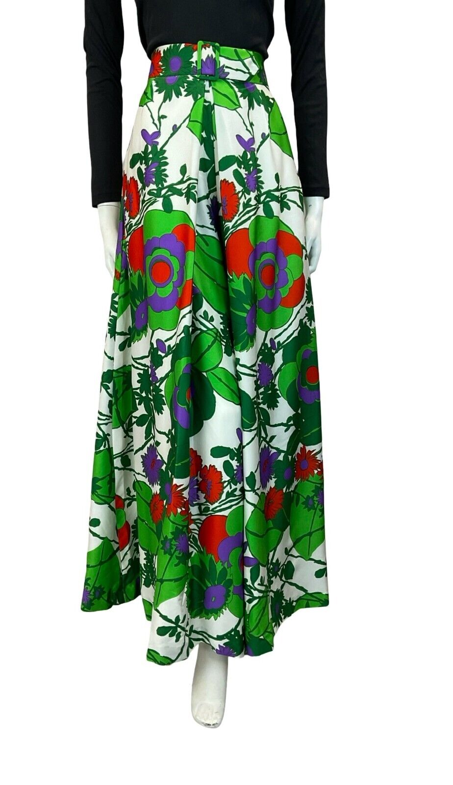 VTG 70S GREEN RED WHITE PURPLE FLORAL BELT PANTS TROUSERS SIZE 10