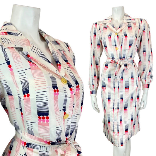 VINTAGE 60s 70s WHITE PINK BLUE GEOMETRIC MOD BELTED SHIRT DRESS 14