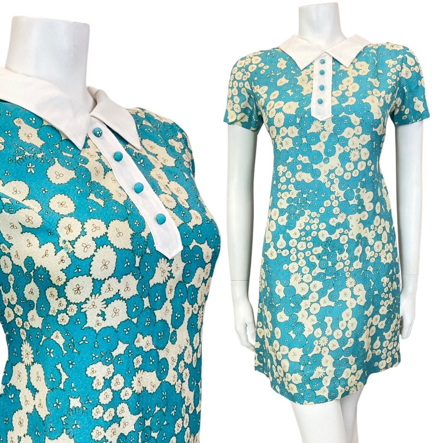 VINTAGE 60s 70s BLUE CREAM FLORAL ABSTRACT DITSY MOD SHORT SHIRT DRESS 10