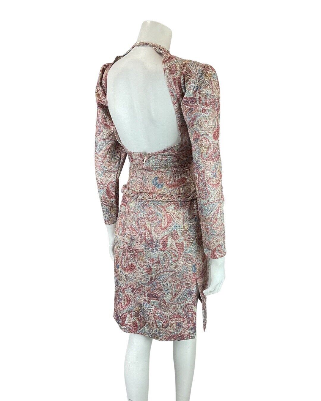 VINTAGE 60s 70s PINK BLUE SILVER PAISLEY FLORAL LUREX CUT-OUT MOD DISCO DRESS 8