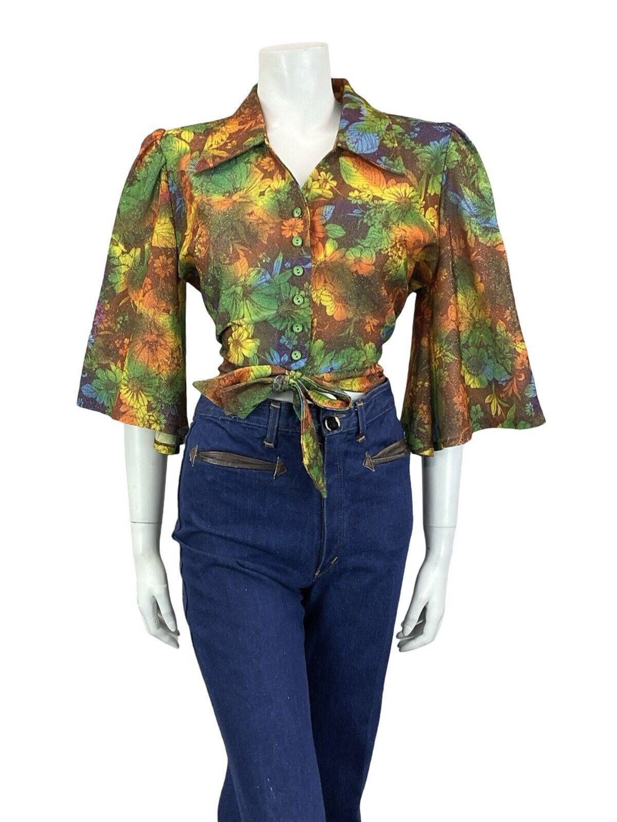 VTG 70S GREEN BROWN ORANGE FLORAL PSYCHDELIC CROPPED WRAP ANGEL SLEEVE TOP 14