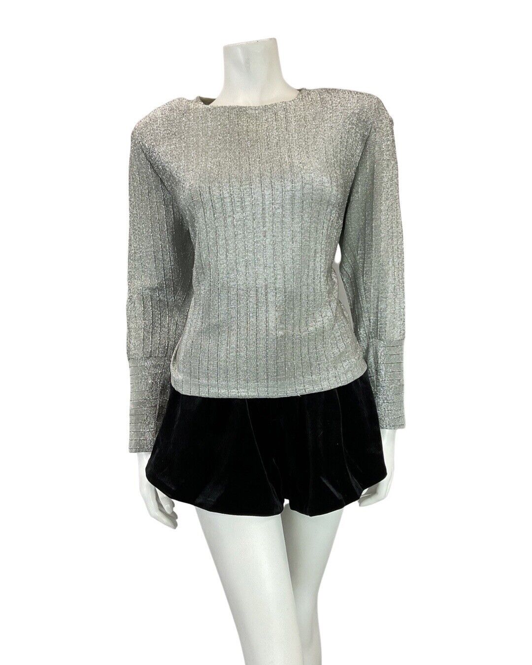VINTAGE 60s 70s SILVER DISCO PARTY LUREX LONG-SLEEVE BLOUSE TOP 14 16