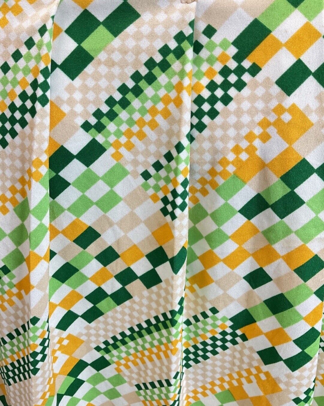 VINTAGE 60s 70s GREEN WHITE YELLOW PIXEL GEOMETRIC MOD DAGGER SHIRT DRESS 8
