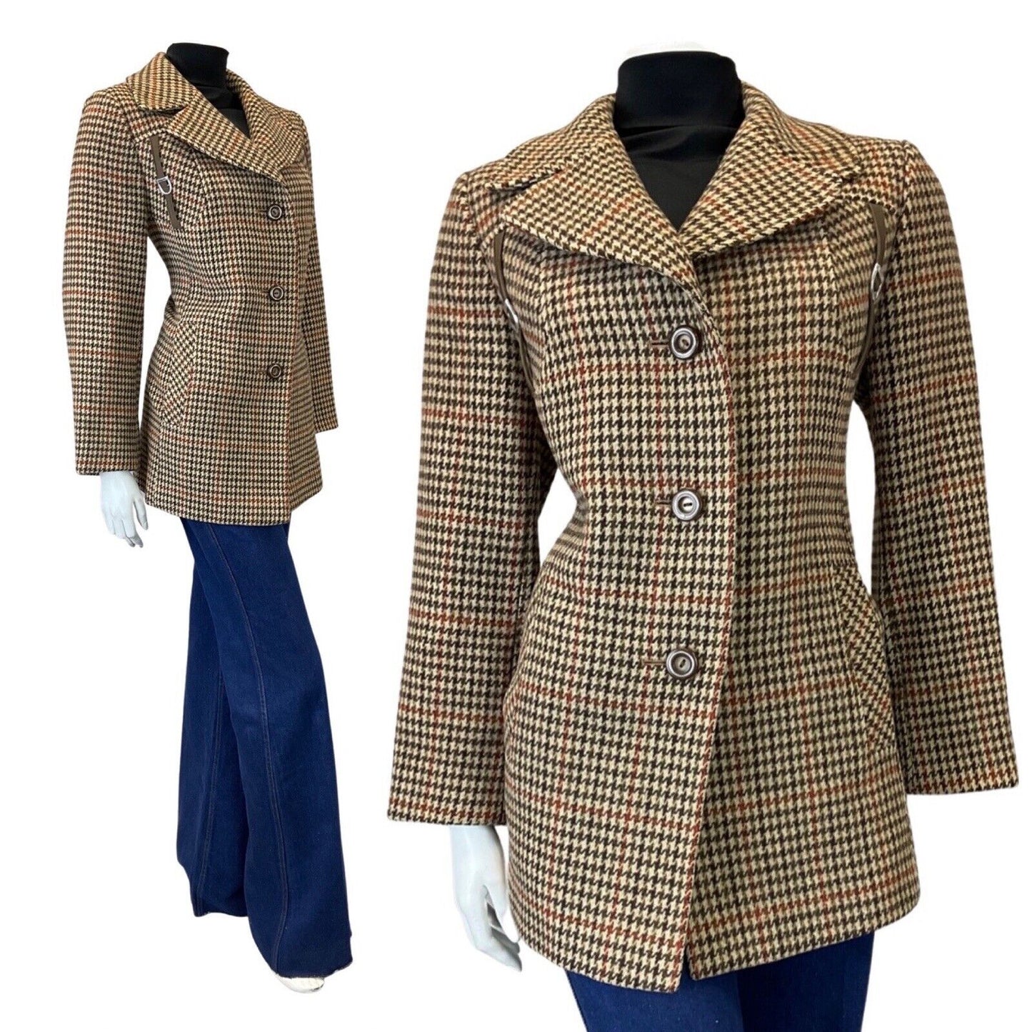 VINTAGE 60s 70s BROWN GREEN CREAM TWEED HOUNDSTOOTH SHORT WOOL COAT 14