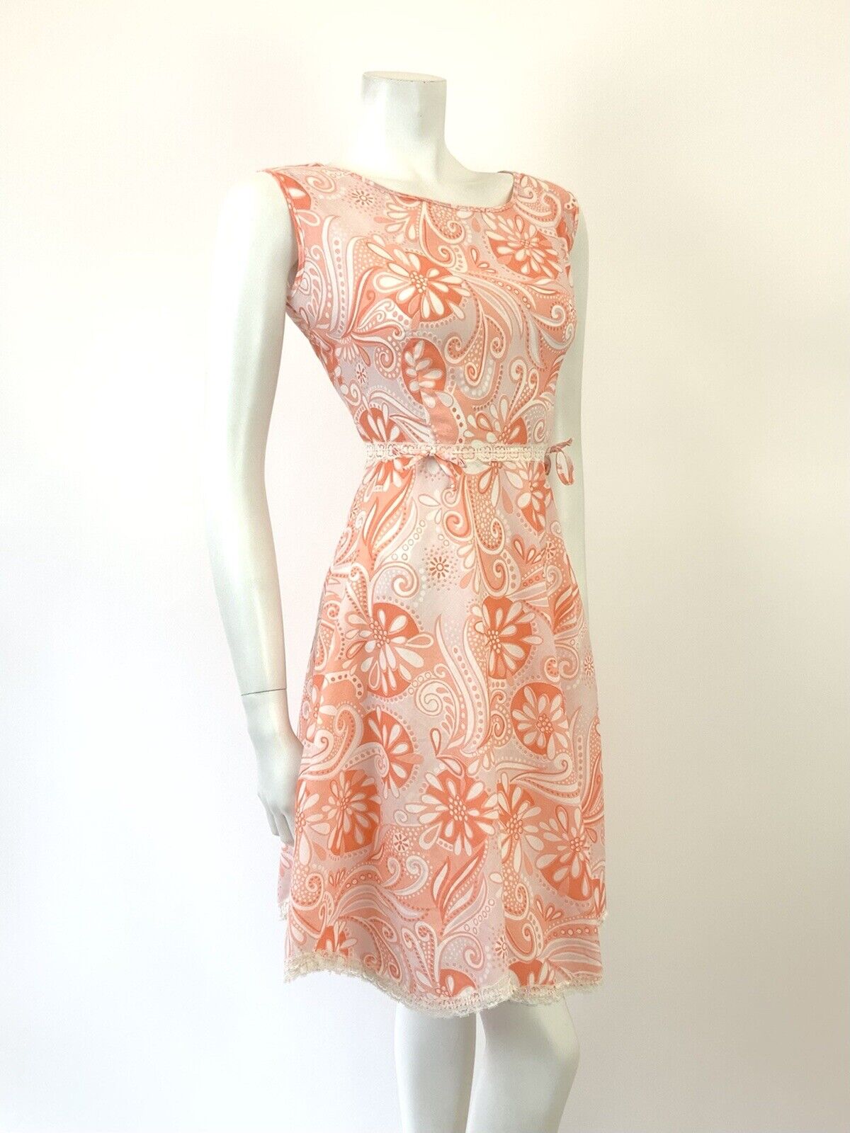 VTG 60s 70s PINK ORANGE WHITE PSYCHEDELIC FLORAL PAISLEY LACE MOD DRESS 10 12