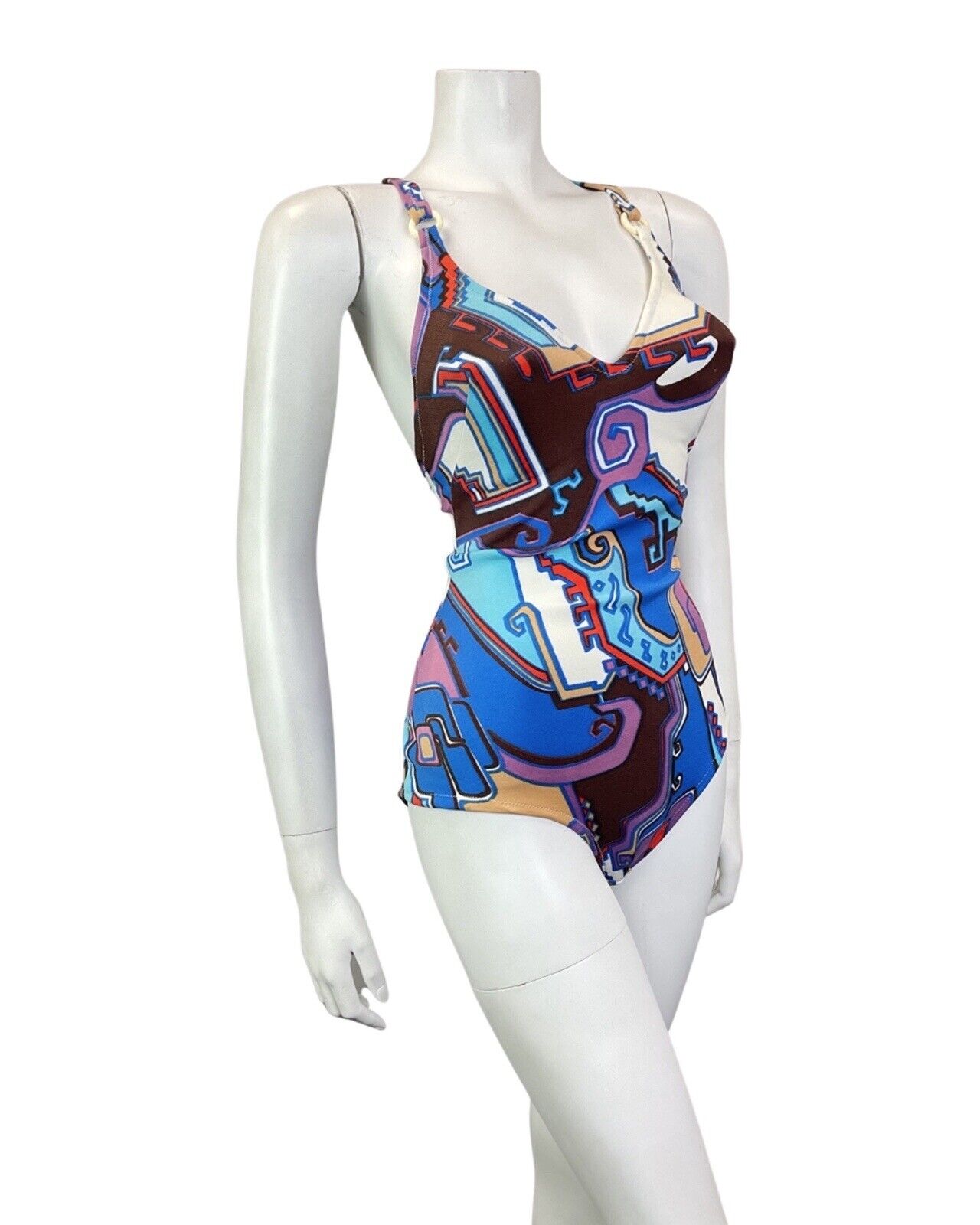 VINTAGE 60s 70s BLUE BROWN WHITE AZTEC GEOMETRIC STRAPPY SWIMSUIT 14