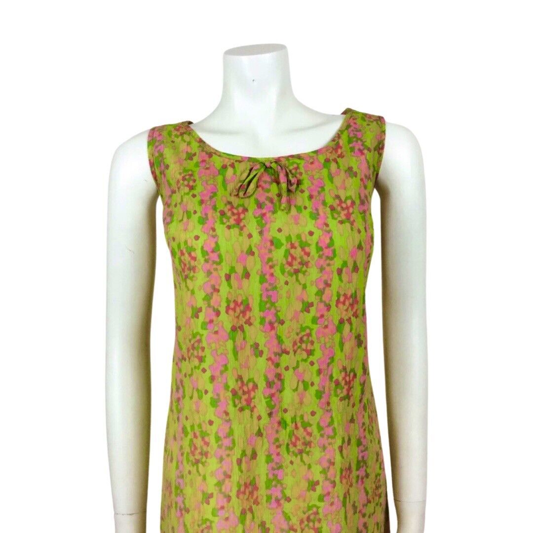VINTAGE 60s BRIGHT GREEN PINK PSYCHEDELIC SHIFT DRESS 12 14