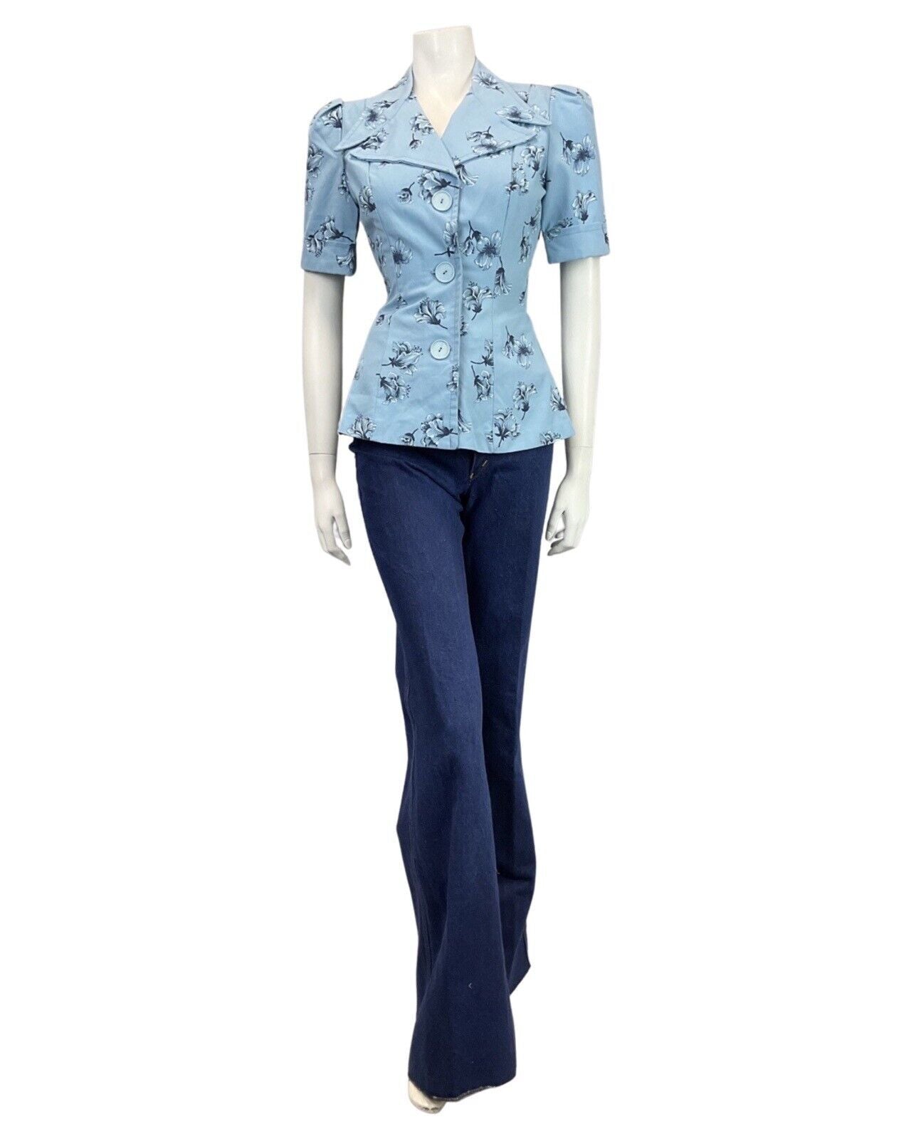 VINTAGE 70s DOES 40S BLUE NAVY FLORAL BELTED MOD BLOUSE TOP 10