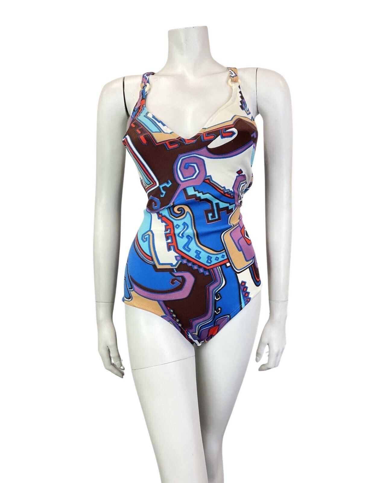 VINTAGE 60s 70s BLUE BROWN WHITE AZTEC GEOMETRIC STRAPPY SWIMSUIT 14