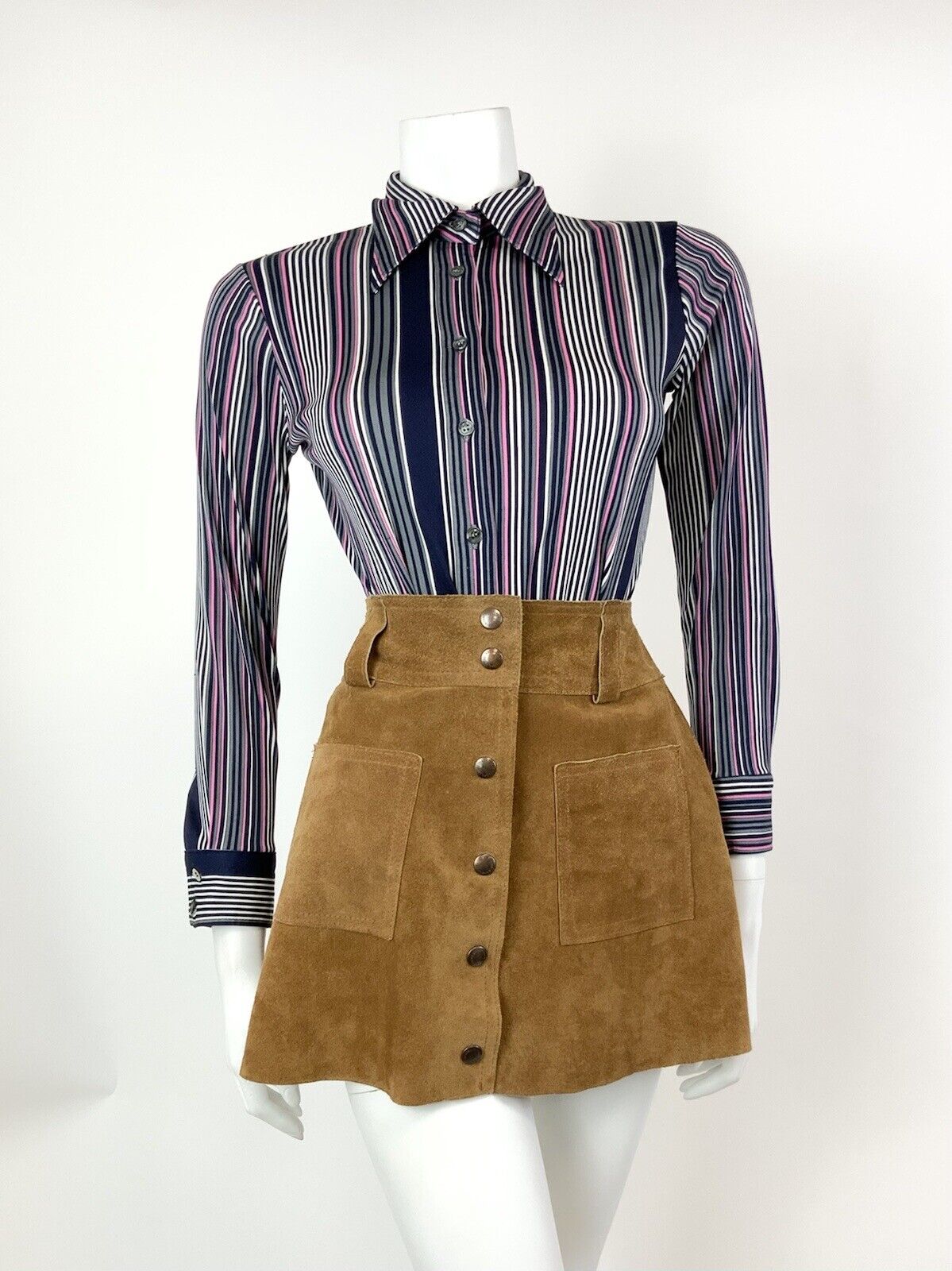 VINTAGE 60s 70s PURPLE BLACK BLUE WHITE STRIPED MOD DAGGER SHIRT BLOUSE 8 10