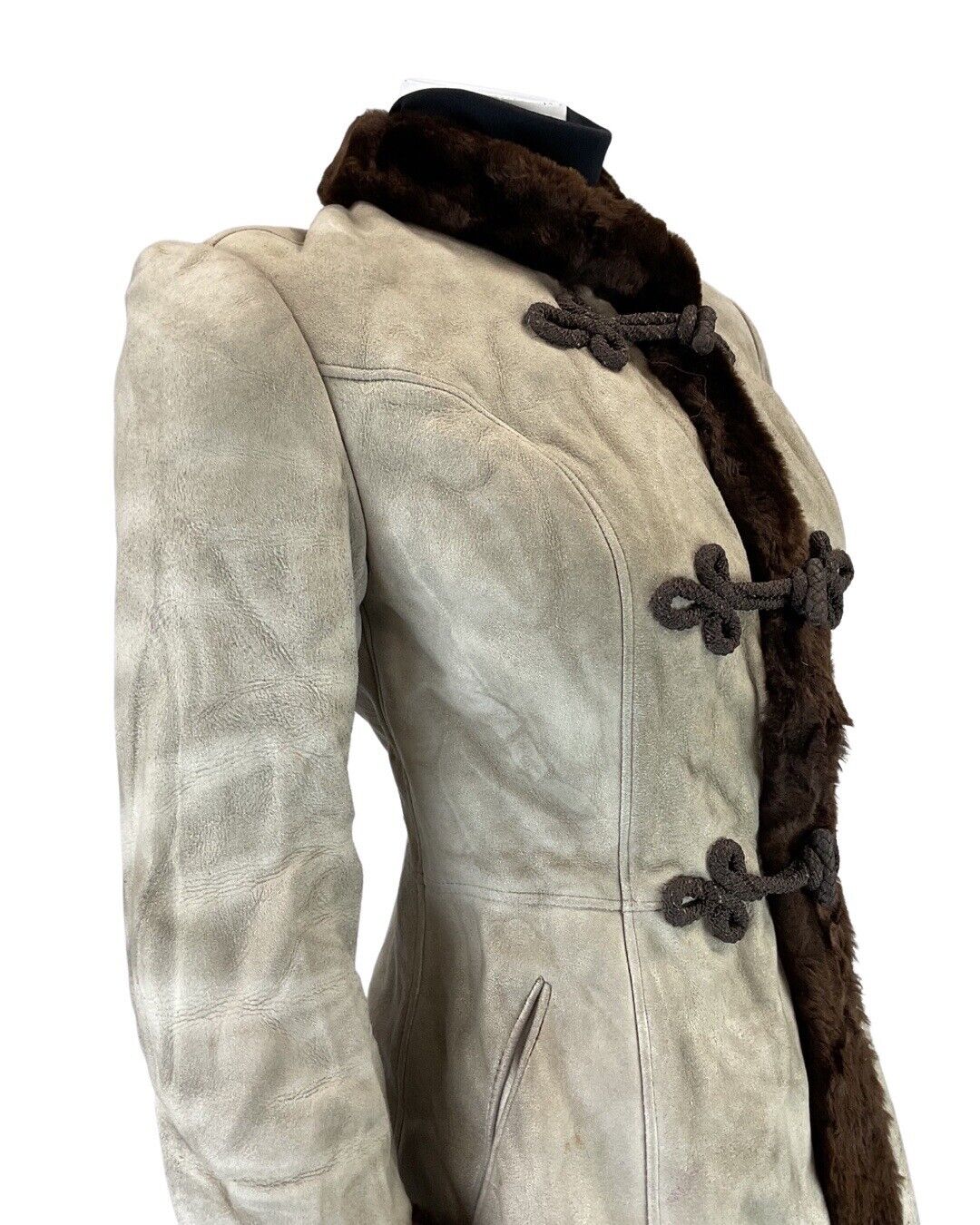 VINTAGE 60s 70s PEANUT BROWN ZHIVAGO BROCADE SUEDE LEATHER SHEARLING COAT 6 8
