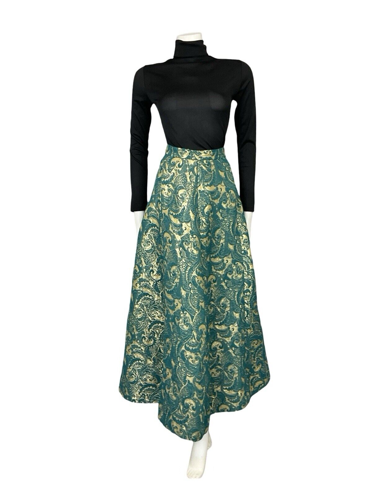 VTG 60S 70S TEAL BLUE GOLD BROCADE METALLIC PARTY FORMAL A. LINE MAXI SKIRT 12