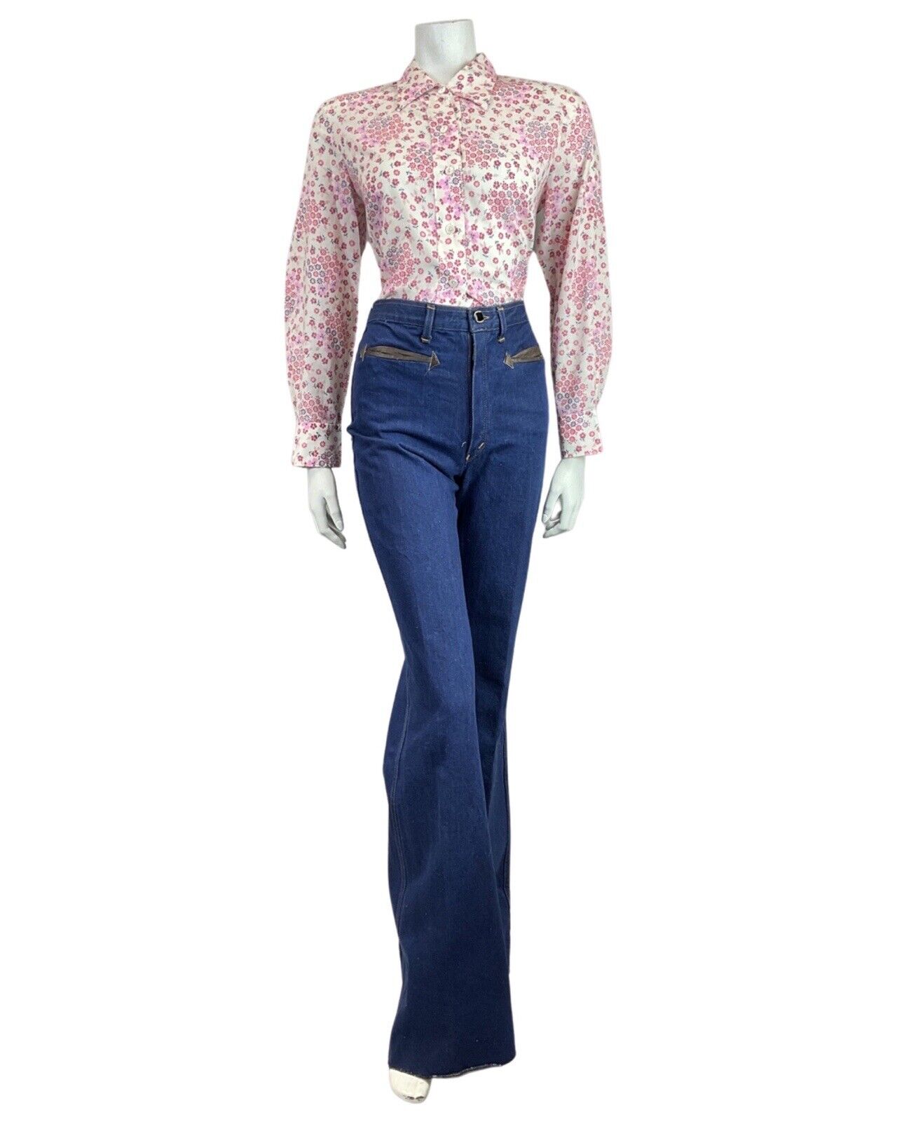 VINTAGE 60s 70s WHITE PINK RED FLORAL DAISY DITSY MOD DAGGER SHIRT BLOUSE 14 16