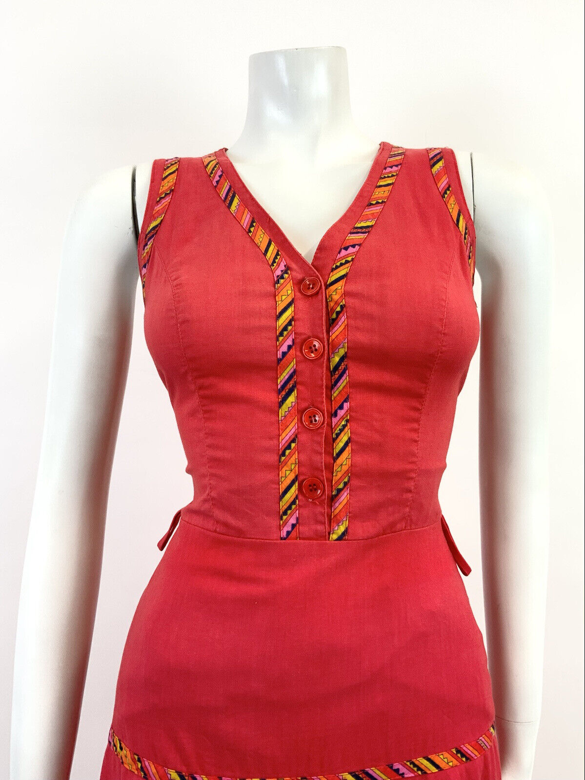 VTG 60s 70s FOLK RED ORANGE BLACK STRIPED GEOMETRIC AZTEC TIERED MOD DRESS 8 10