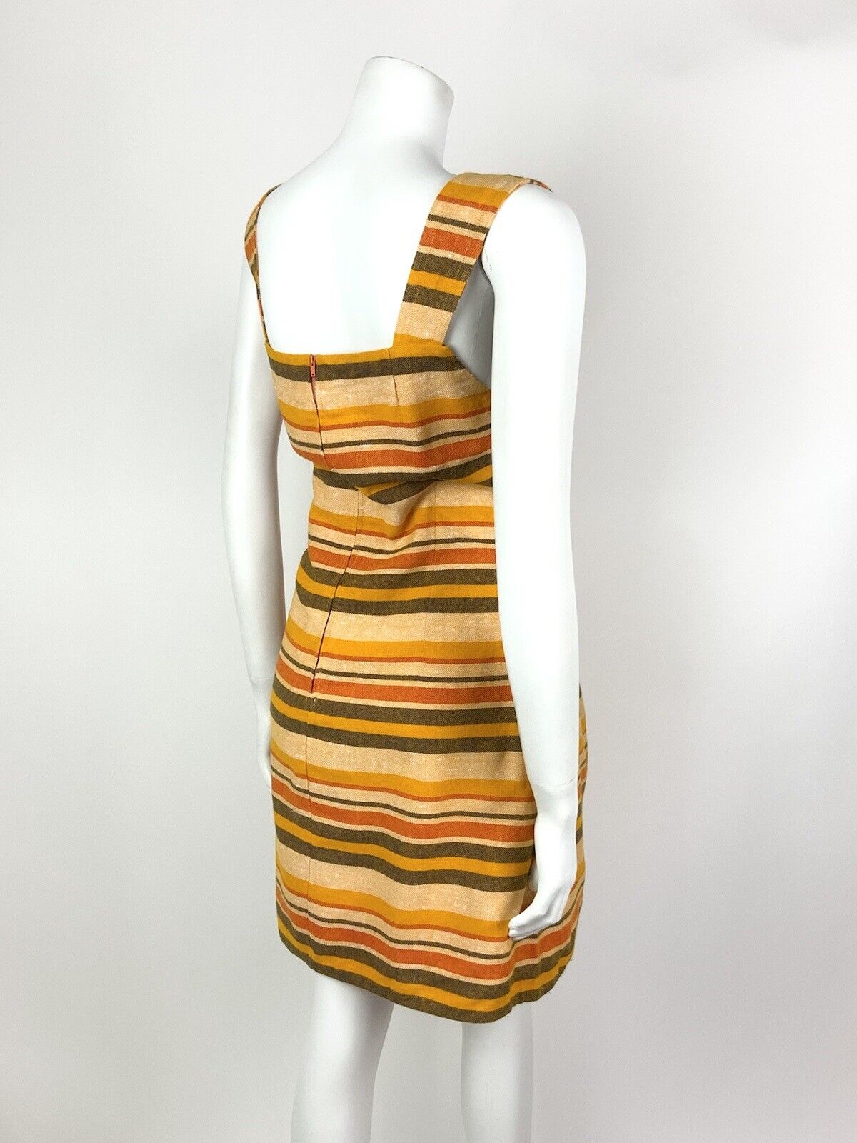 VINTAGE 60s 70s YELLOW ORANGE RED BLACK STRIPED MOD STRAPPY PINNY DRESS 10