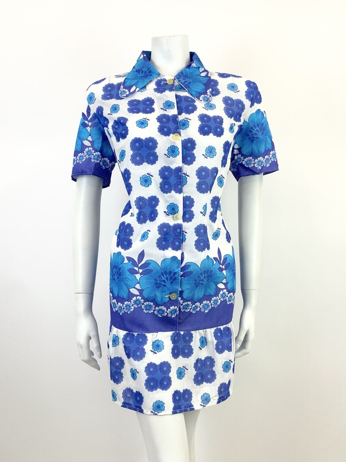 VINTAGE 60s 70s WHITE BLUE PURPLE FLORAL DOG EAR COLLAR MOD SHIRT SHIFT DRESS 16