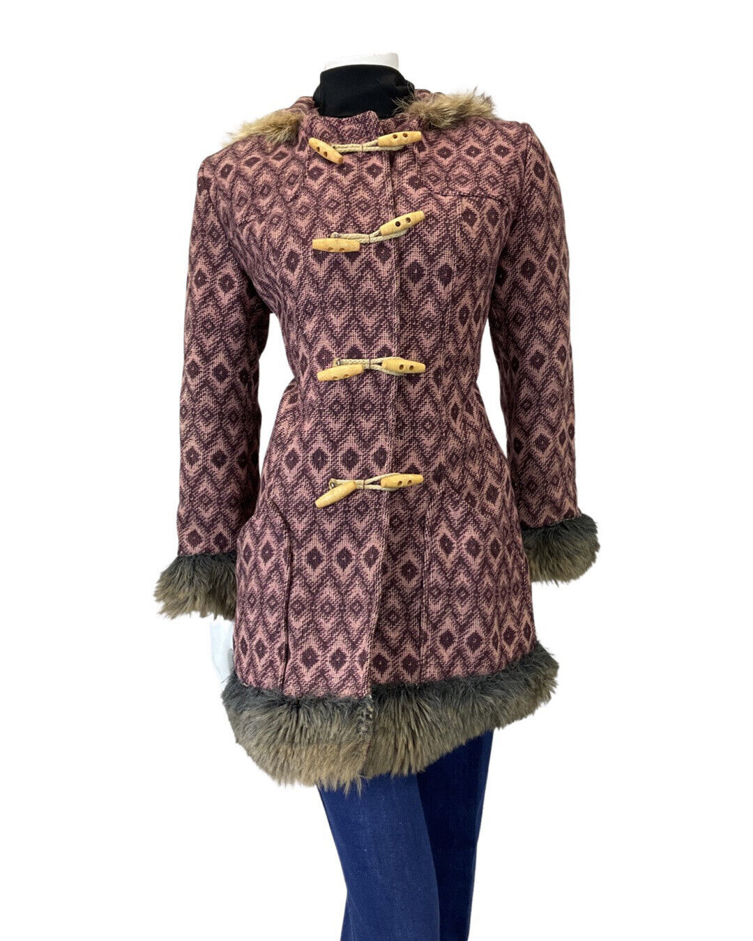 VINTAGE 60s 70s PURPLE PINK IKAT GEOMETRIC TOGGLE HOODED MOD WOOL COAT 14 16