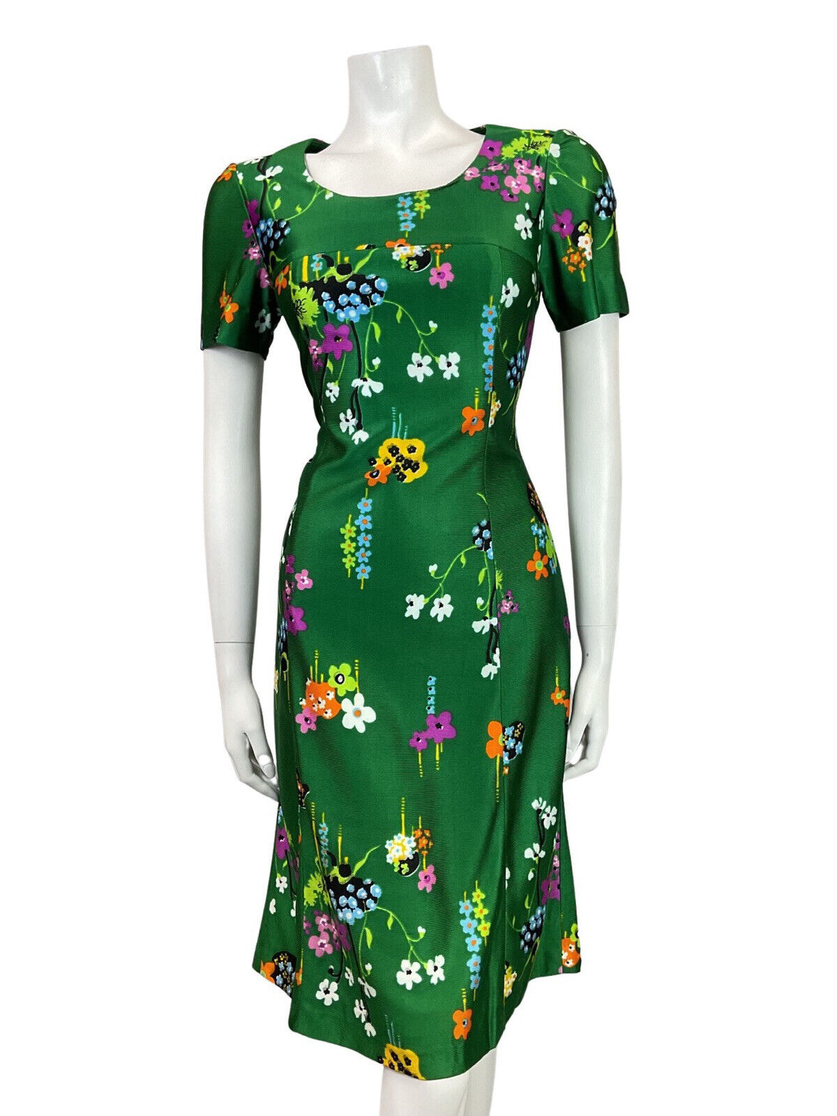 VINTAGE 60s 70s GREEN PURPLE BLACK FLORAL DAISY MOD DRESS 8 10