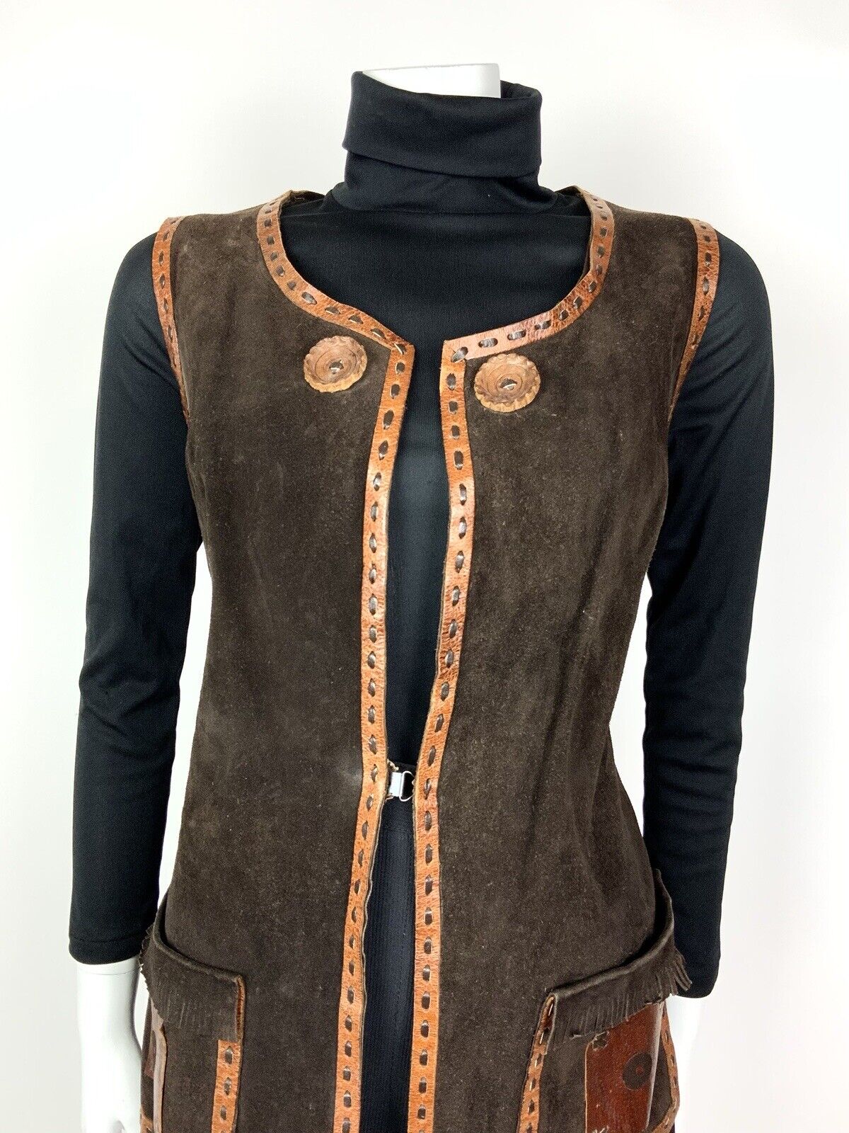 VTG 60s 70s BROWN ORANGE SUEDE LEATHER TASSLED BOHO FOLK WAISTCOAT DRESS 12