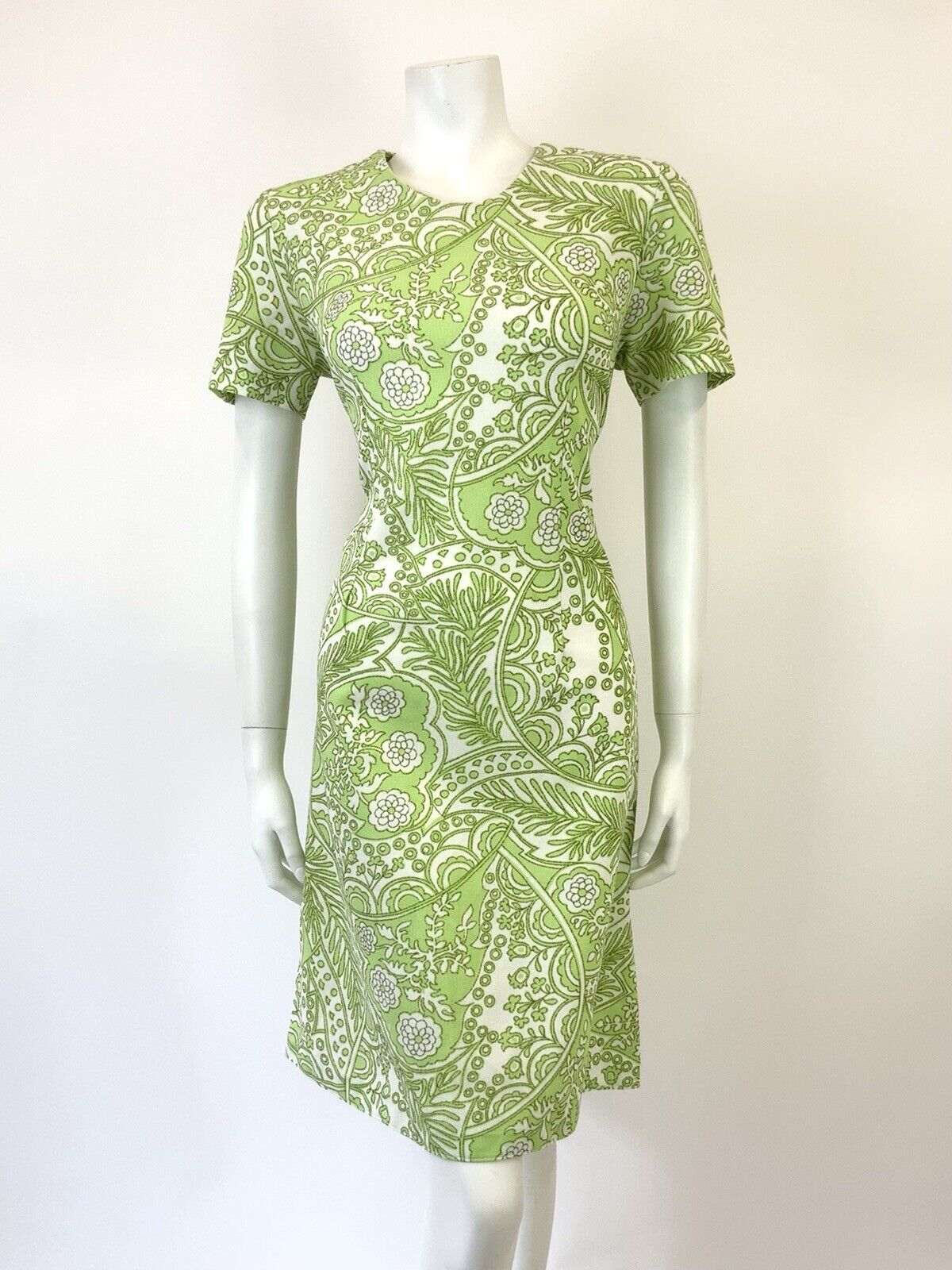 VINTAGE 60s 70s LIME GREEN WHITE PSYCHEDELIC FLORAL LEAFY MOD DRESS 12 14