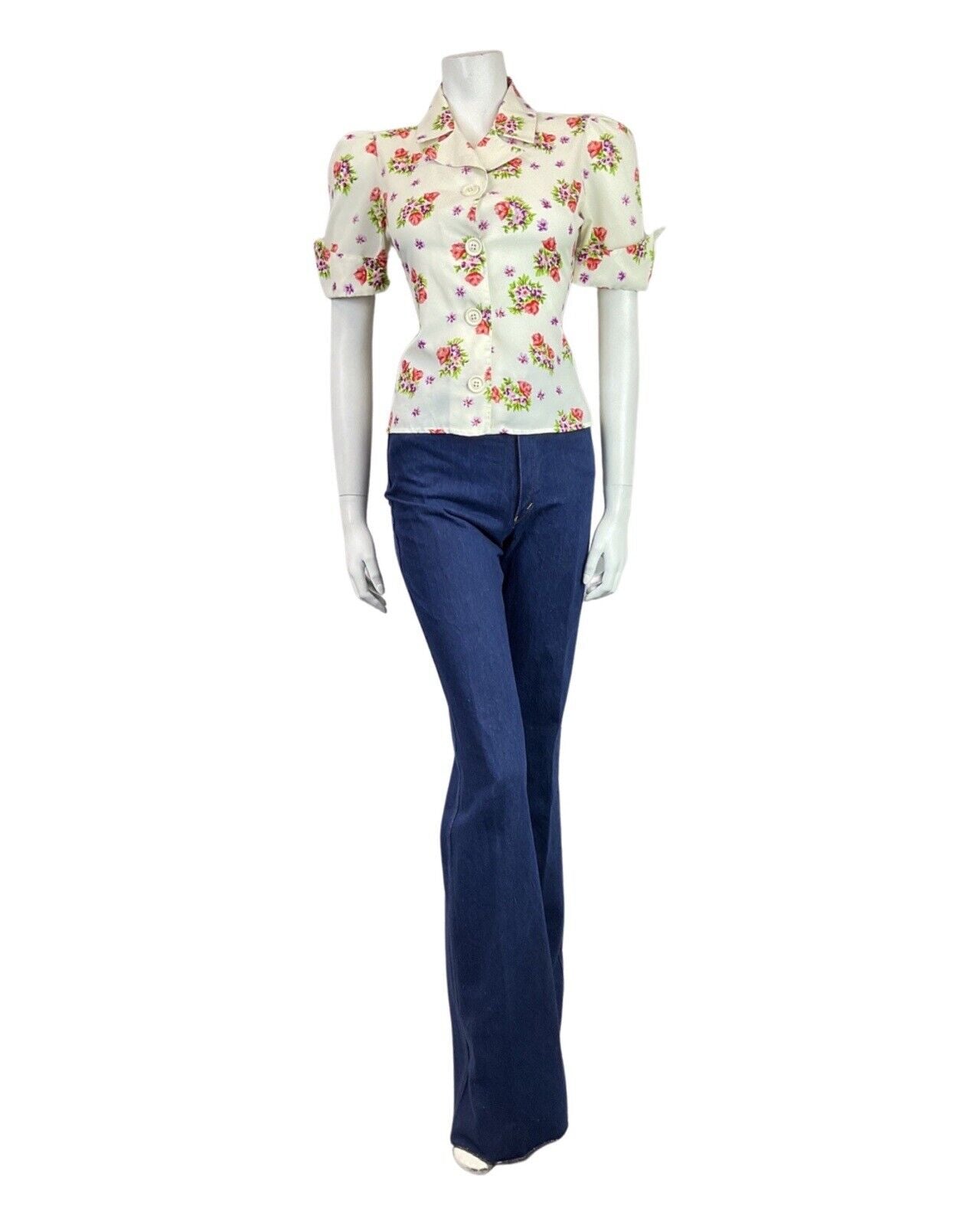 VINTAGE 60s 70s CREAM PURPLE RED FLORAL MOD DAGGER SHIRT BLOUSE TOP 10