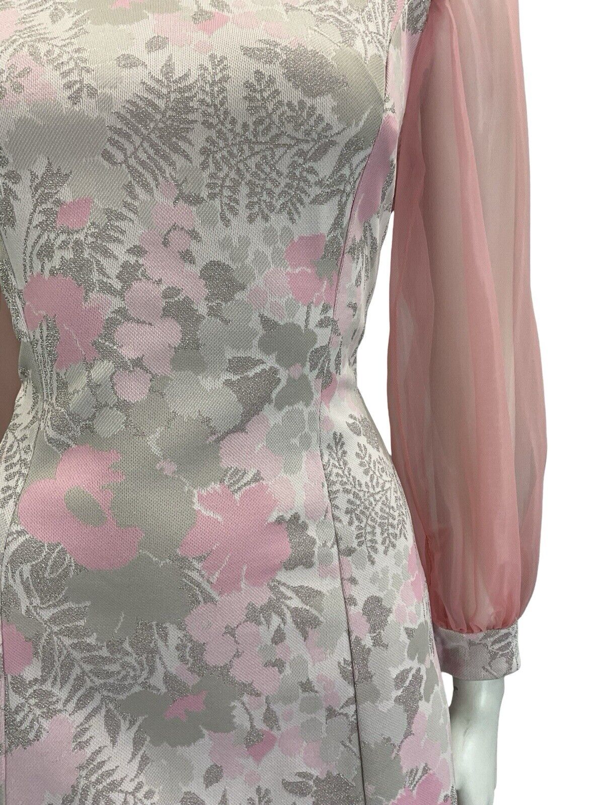VTG 60S PINK GREY SILVER FLORAL SWEETHEART MESH SLEEVE PARTY MINI DRESS 12