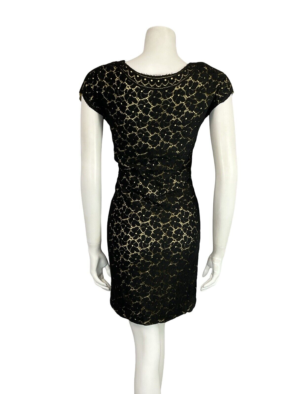 VTG 60S BLACK LACE GOLD V BOAT NECK SHORT SLEEVE PARTY SHIFT LBD MINI DRESS 8