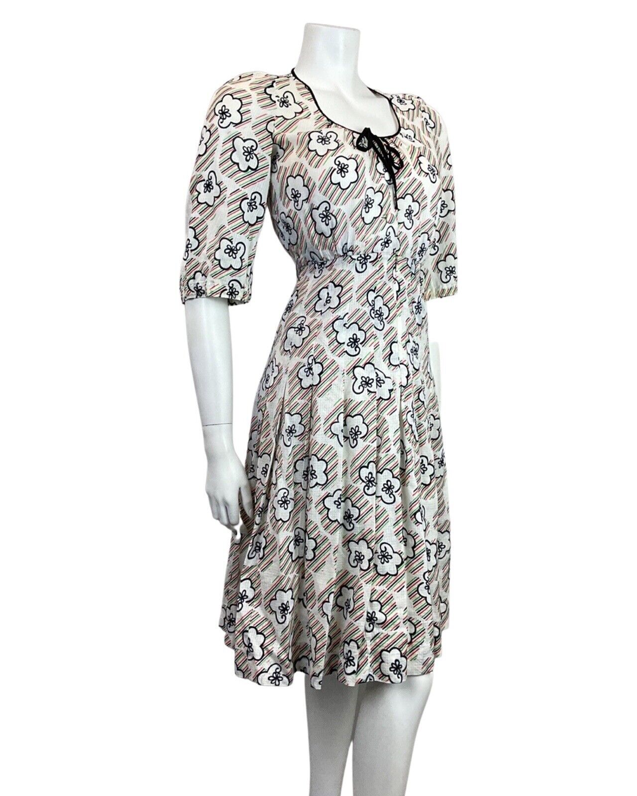 VINTAGE 60s 70s WHITE BLACK RED GREEN STRIPED FLORAL MOD SUMMER DRESS 6