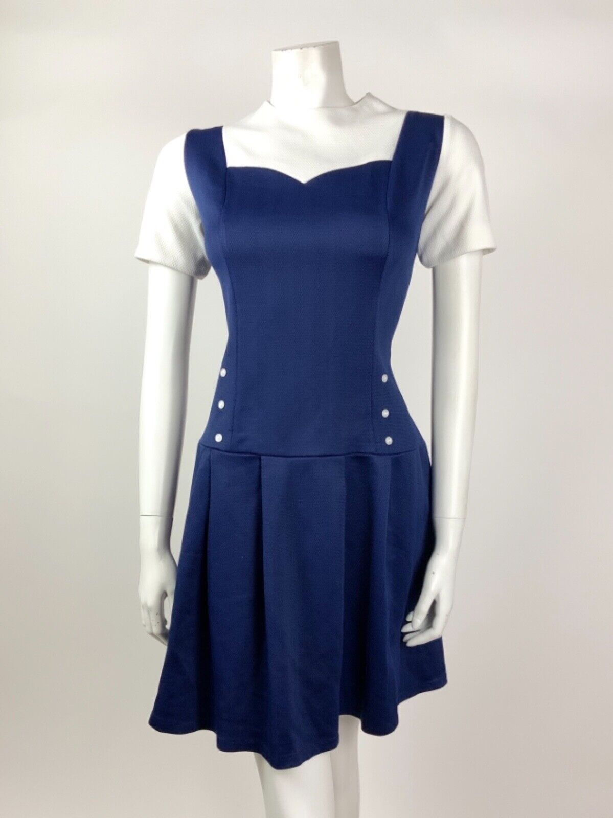 VINTAGE 60s 70s NAVY BLUE WHITE NAUTICAL SWEETHEART MOD DRESS 12
