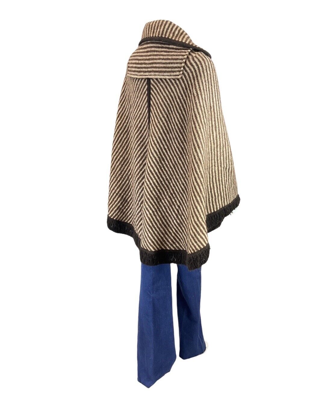 VINTAGE 60s 70s BROWN CREAM STRIPED TASSELED MOD BOHO WOOL CAPE 10