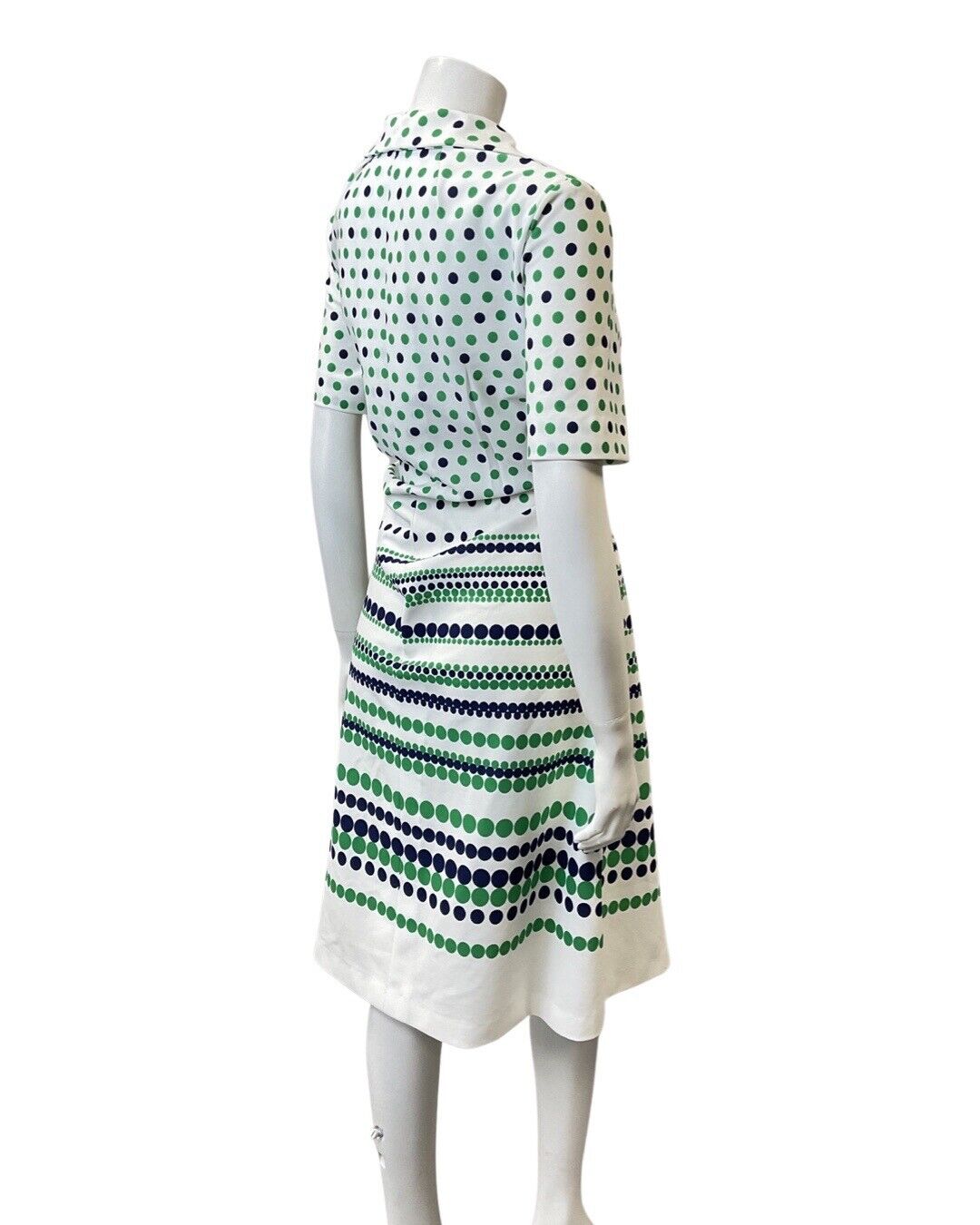 VINTAGE 60s 70s WHITE GREEN BLUE POLKA-DOT STRIPED MOD SHIRT DRESS 14 16
