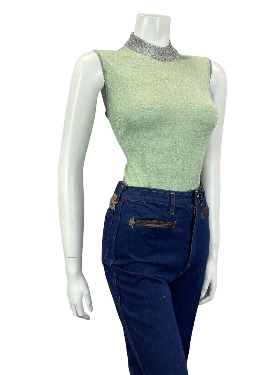 VTG 60S MOD GOGO PASTEL GREEN SILVER LUREX HIGH NECK BOXY PARTY TANK TOP 10